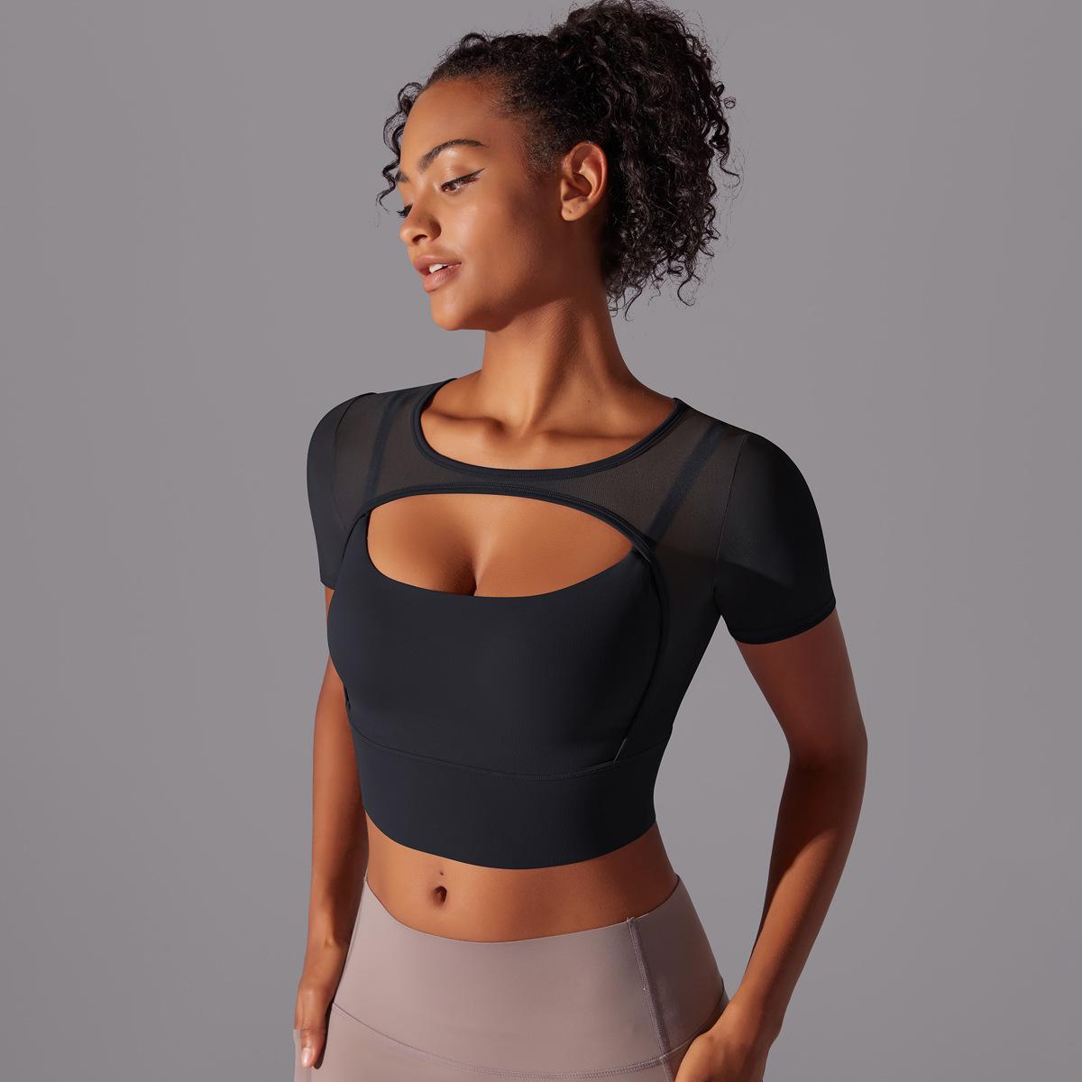 Classic Solid Color Mesh Stitching Double-Layer Short Sleeve Racerback Bra Top Women - Running, Fitness, Yoga Workout Top1123