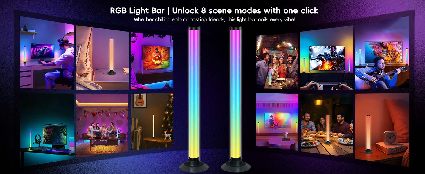 2pcs RGBIC Light Bar, RGB Night Light, RGB Light For Computer Desk, App & Remote Control, USB Powered, 8 Scene Modes and 16 Million Colors, Three Control Modes, Dynamic Music Sync Mode, LED Gaming Lights for PC, Desktop Lamp, Decorative lights, Mood Light