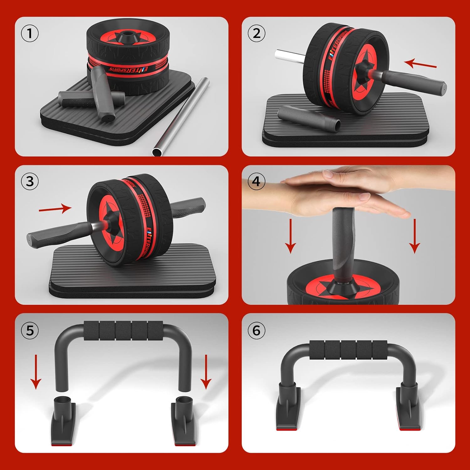AB Wheel Roller, 6-in-1 Exercise Roller Wheel Kit with Knee Pad, Resistance Bands, Pad Push Up Bars Handles Grips, Perfect Home Gym Equipment for Men Women Abdominal Roller (Red)