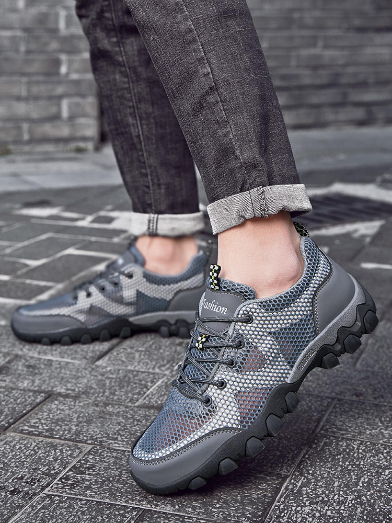 Men's Solid Color Mesh Breathable Outdoor Hiking Shoes Lace-up Closed-toe Trekking Shoes Non-slip Wear-resistant Casual Sneakers