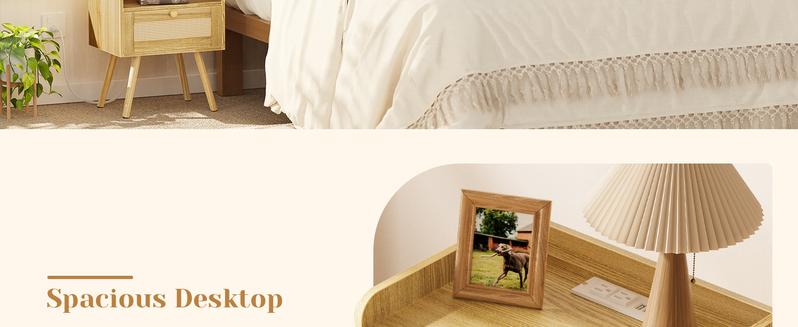 SUPERJARE Nightstands Set of 2, Night Stands with Charging Station & PE Rattan Decor Drawer, Bed Side Tables with Solid Wood Feet, End Table, for Bedroom, Living Room