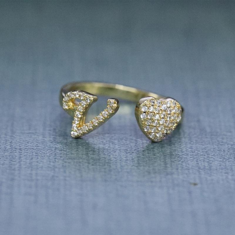 A-Z Initial Letter Open Adjustable Heart Ring, Minimalist Luxury Personalized Finger Ring for Women