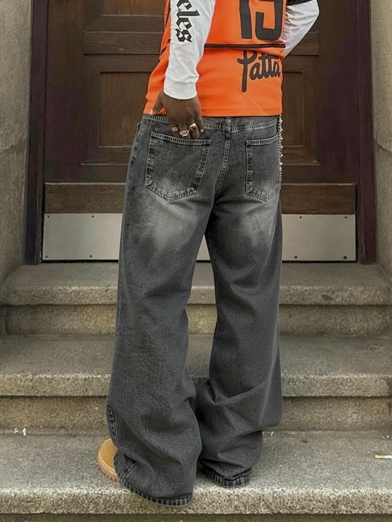 Men's Washed Loose Straight Leg Denim Jeans, Y2K Casual Streetwear, All Seasons, Moderate Fit, Perfect Gift for Husband or Boyfriend