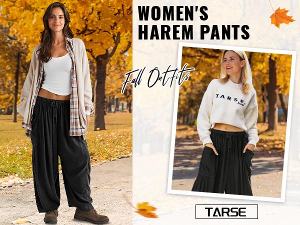 TARSE 2-Piece Womens Linen Wide Leg Pants Summer Casual Loose Fit Beach Palazzo Harem Pants with Pockets