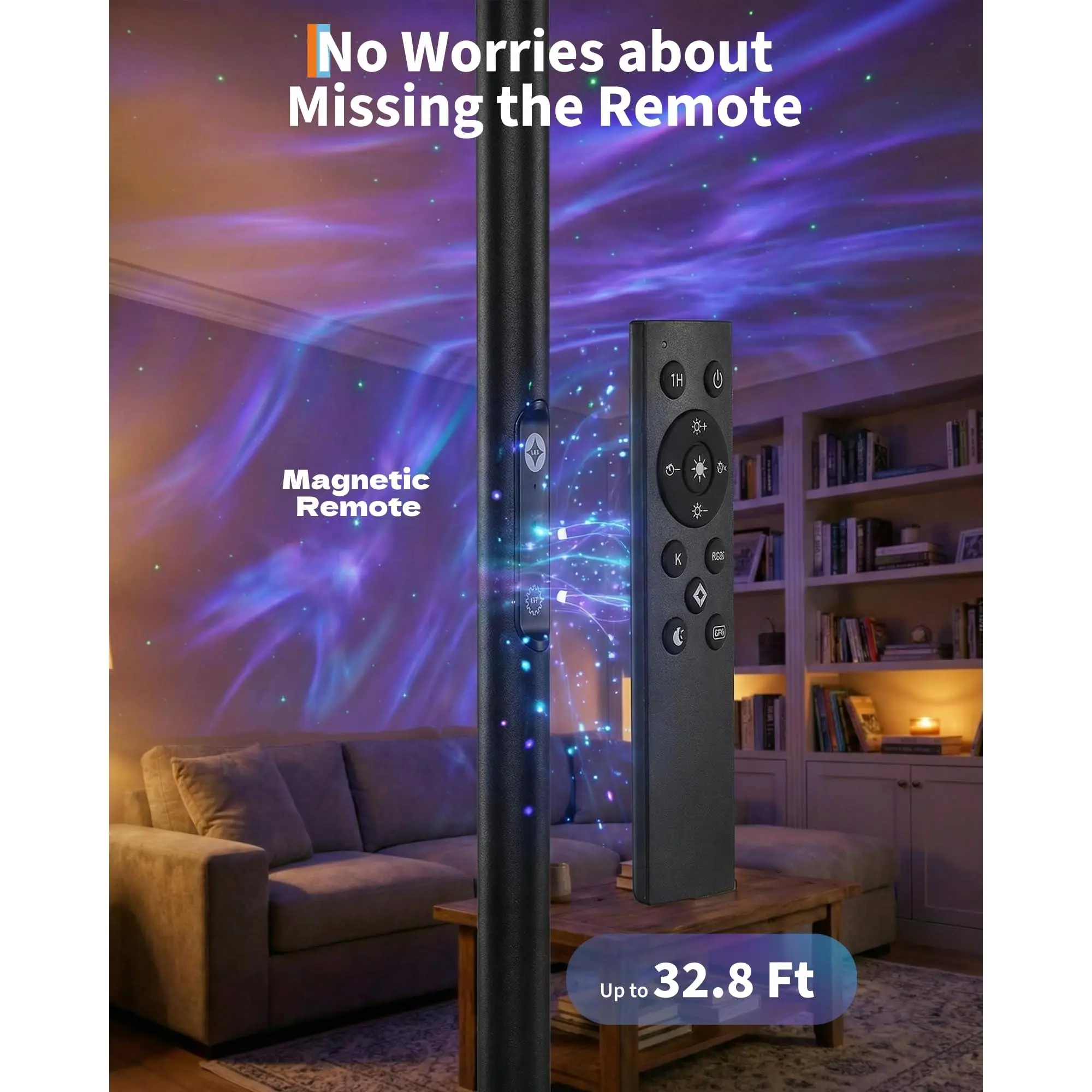 3-in-1 RGB LED Floor Lamp with Starry Sky & Water Ripple Projector - 350° Rotating Head - Magnetic Remote - Dimmable Color-Changing Ambient Standing Light w/ Timer for Bedroom & Living Room