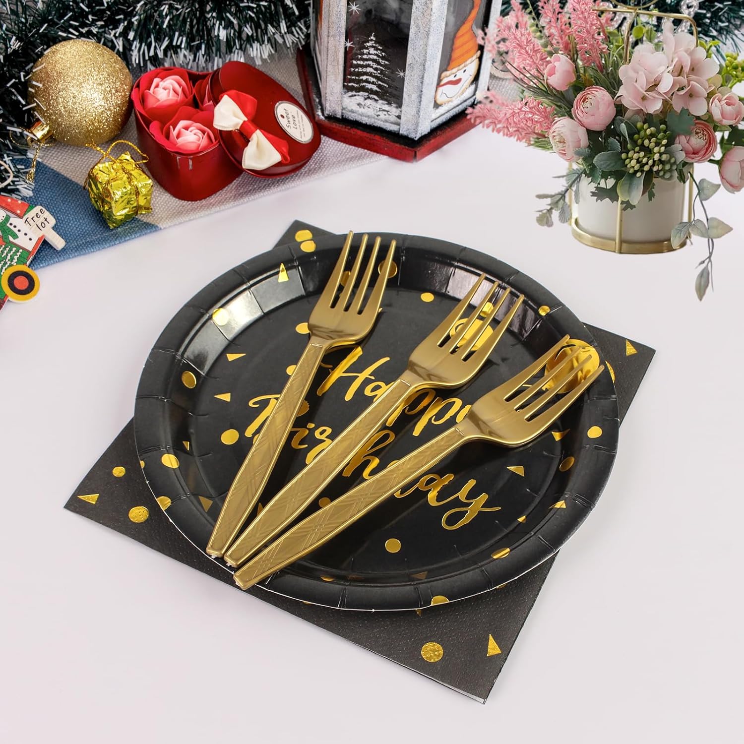 48PCS Black and Gold Plates and Napkins Party Supplies, Gold Dot Disposable Paper Plates, Napkins and Forks Tableware Set for 16 Guests, Elegant Birthday, Wedding, Retirement, Graduation Party Decorations and Celebration Dinnerware