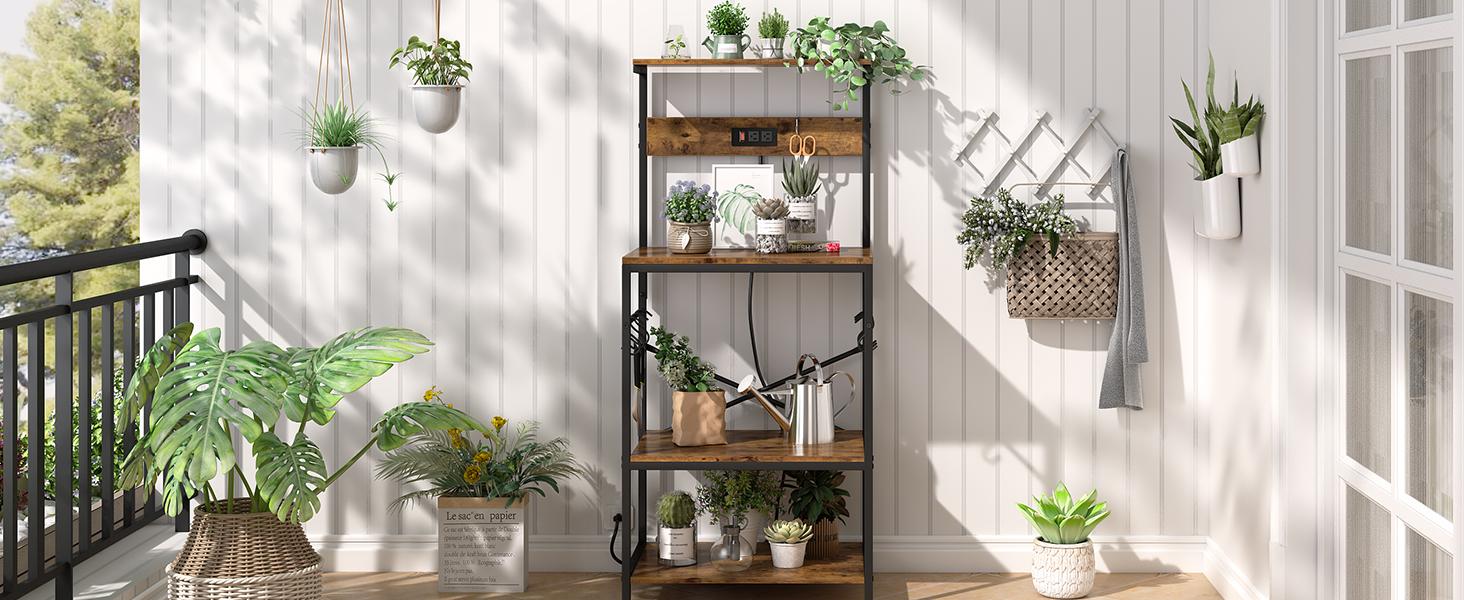 SUPERJARE Kitchen Bakers Rack with Power Outlet, Coffee Bar Table 4 Tiers, Kitchen Microwave Stand with 6 S-shaped Hooks, Kitchen Storage Shelf Rack for Spices, Pots and Pans