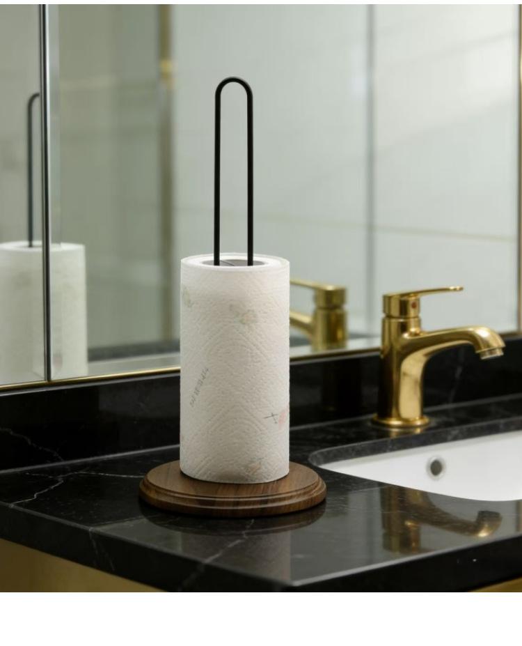 Kitchen Paper Towel Holder - Vertical Countertop Storage Rack, Space-Saving Design, Sturdy Iron Frame and Natural Bamboo Shelf, Suitable for Paper Towels, Hand Towels, Oil Absorbing Towels - Modern Kitchen Countertop Organizer