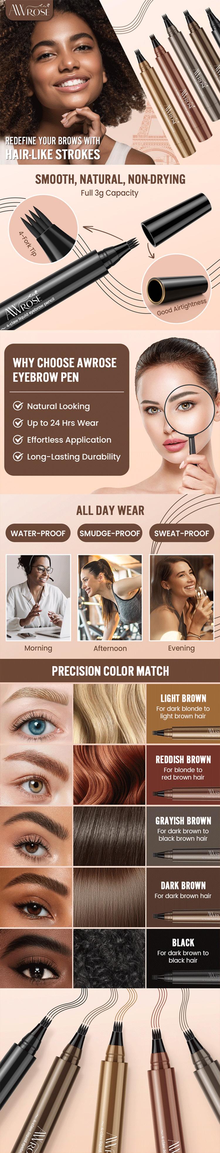 AWROSE Eyebrow Pencil, 3D Waterproof Microblading Eyebrow Pen 4 Fork Tip Tattoo Pencil, Precise Natural Brow Magic Eye Brow Pencil with Hair Like Strokes, 4 Points Multi-Used Eye Brow Pen for Women