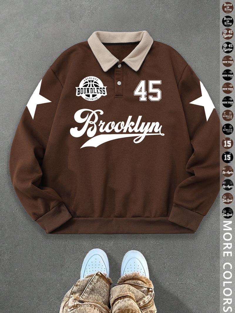 Unisex Y2K Style New York Letter Print Polo Sweatshirt, Thick Retro British Aesthetic Lamb Wool Collar Pullover for Streetwear Casual Wear