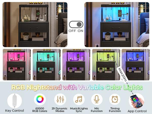 Sikaic LED Nightstand With Charging Station 2 USB Ports And 2 AC Outlets And 3 Drawers Open Storage Led Nightstand Shelf Modern Desk Bedroom Set Bedside Cabinet Lighted Vanity Table End Table