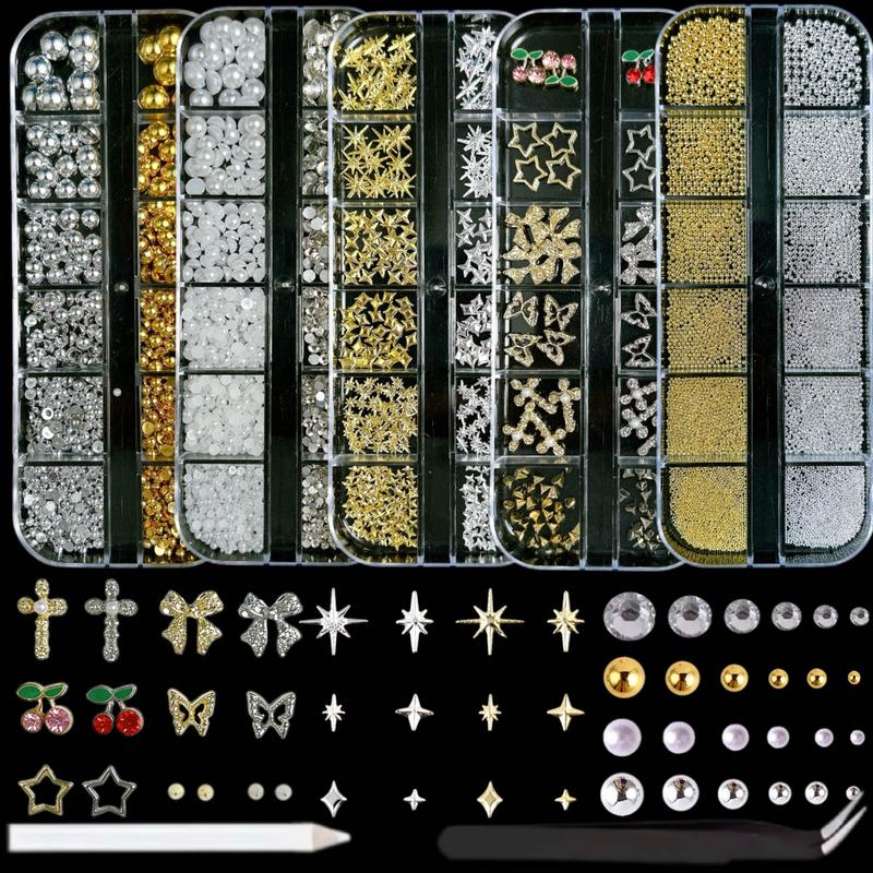 1Set 3D Gold Nail Charms Y2K, Cross Nail Charms and Gems, Gold Bow Cherry Star Charms for Nails Gems, Shine Silver Rhinestone Butterfly Charms Nail Pearls Metal Caviar Beads Accessories for Women DIY, Rhinestone Bow Decorated