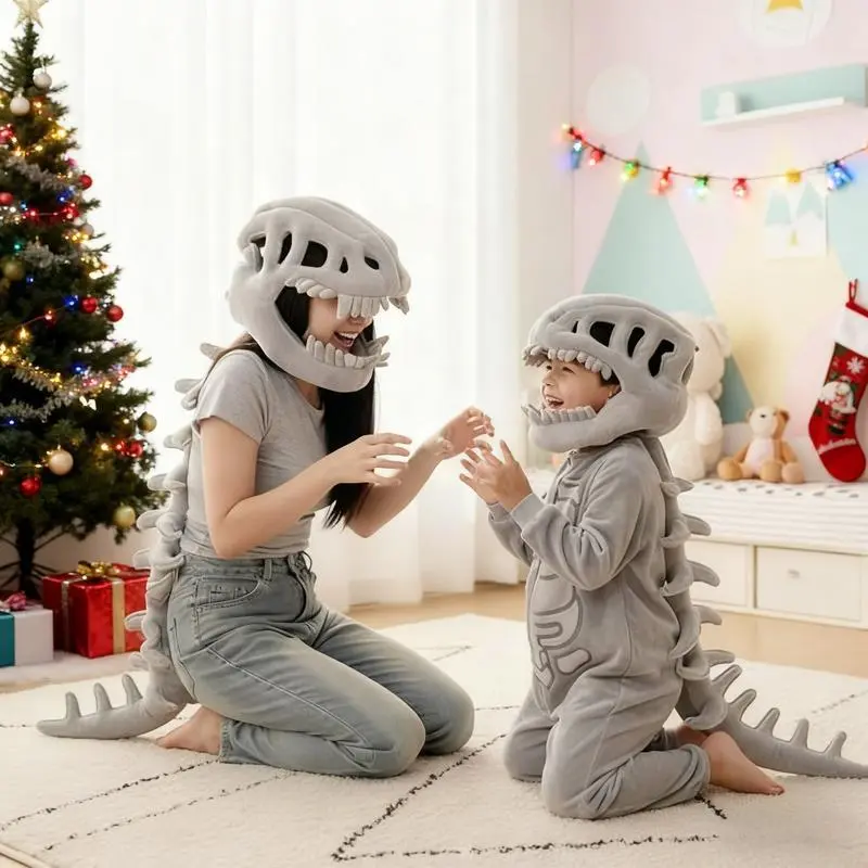 Adjustable 3D Realistic Lightweight Dinosaur Skull Plush Stuffed Toy Headpiece - 3D-Printed Skeleton Details, Plush-Filled Fabric, Hand Washable Unisex Soft Wearable Costume, 5+ Years, Party Prop, Ages 5+