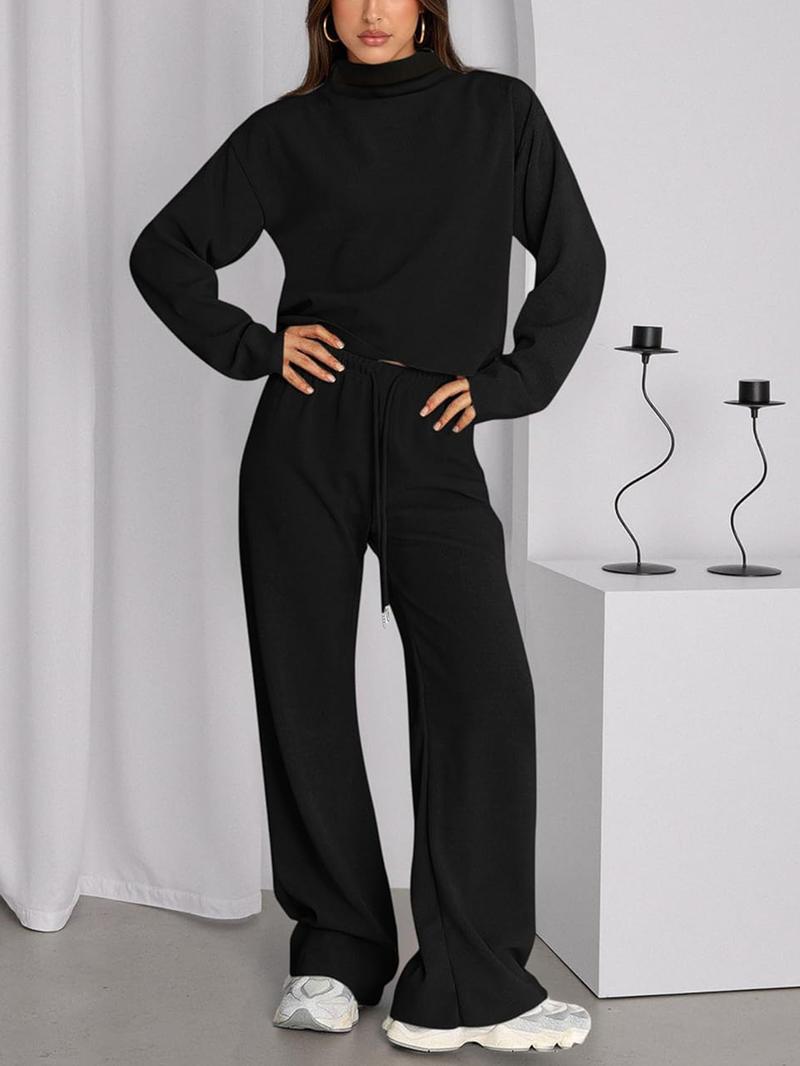 Women's 2 Piece Set Outfits Lounge Sets Ruched Short Sleeve Tops High Waisted Wide Leg Pants Tracksuit Sets, Elegant and casual high-round-neck long-sleeved basic two-piece set Casual Loungewear Set