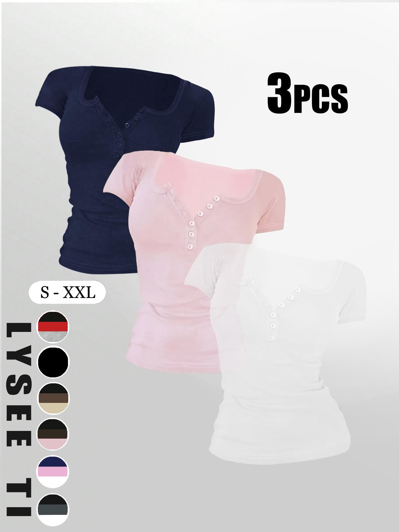 Women's Solid Button Tee, Casual Chic Minimalist Short Sleeve T-shirt for Summer, Ladies Clothes for Daily Wear