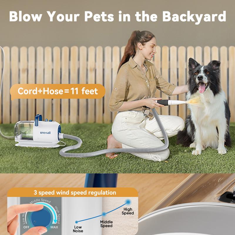 Oneisall  Smart Pet Grooming Vacuum Blow Dryer and Clippers, Dog Grooming Kit for Shedding Drying Trimming Pet's Hair, 7 Levels of Blow Temperature, Adjustable Air Flow petgeekdispenser