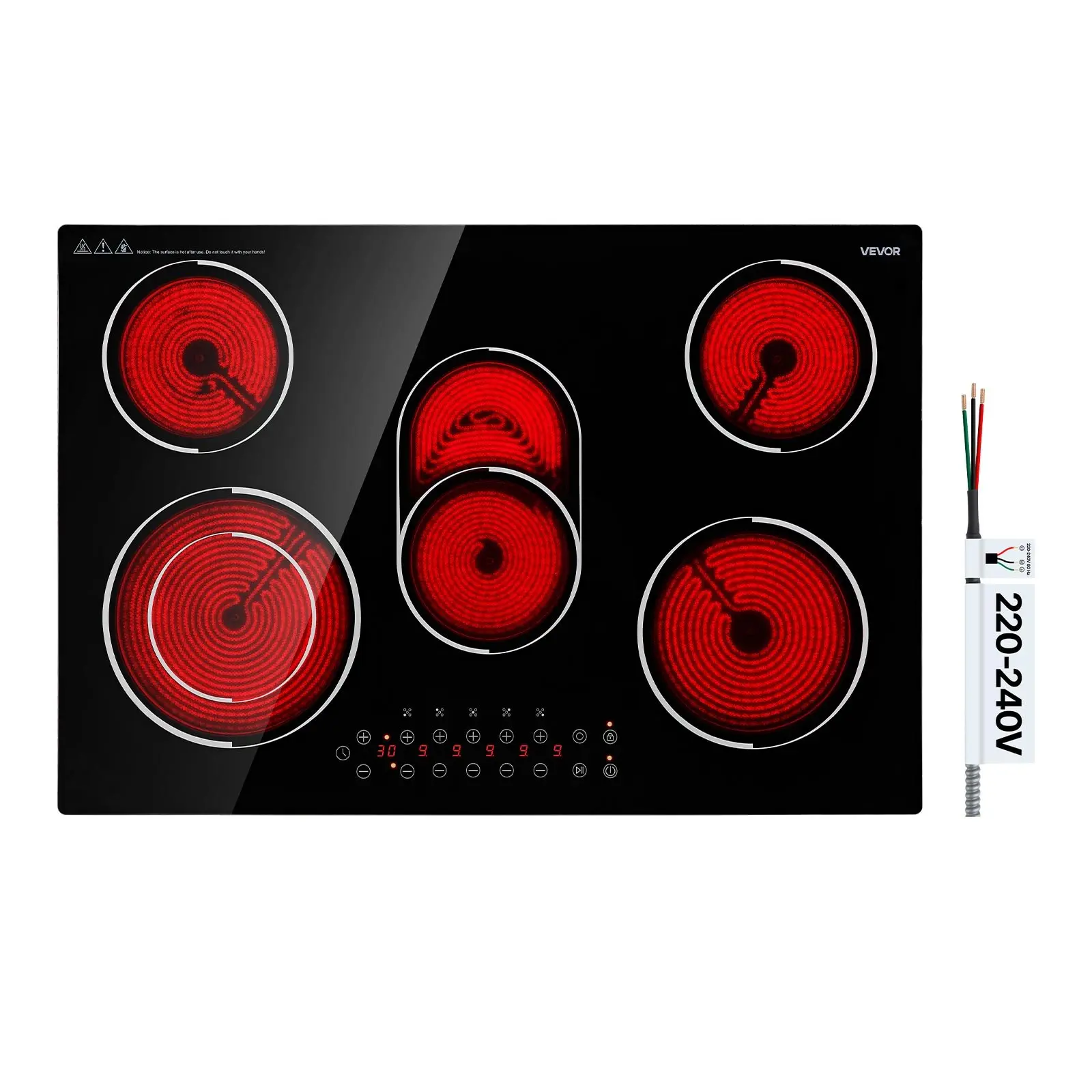 VEVOR 30-inch Hardwired Ceramic Electric Cooktop, 5-Burner 8900W 220V Radiant Stove Top, Touch Control with 9 Power Levels, Timer, Child Lock, Over-Heat Guard
