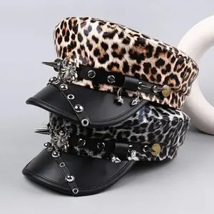 Trendy hip-hop punk style flat top hat men and women fashion personality leather long rivet leopard print silver baseball cap