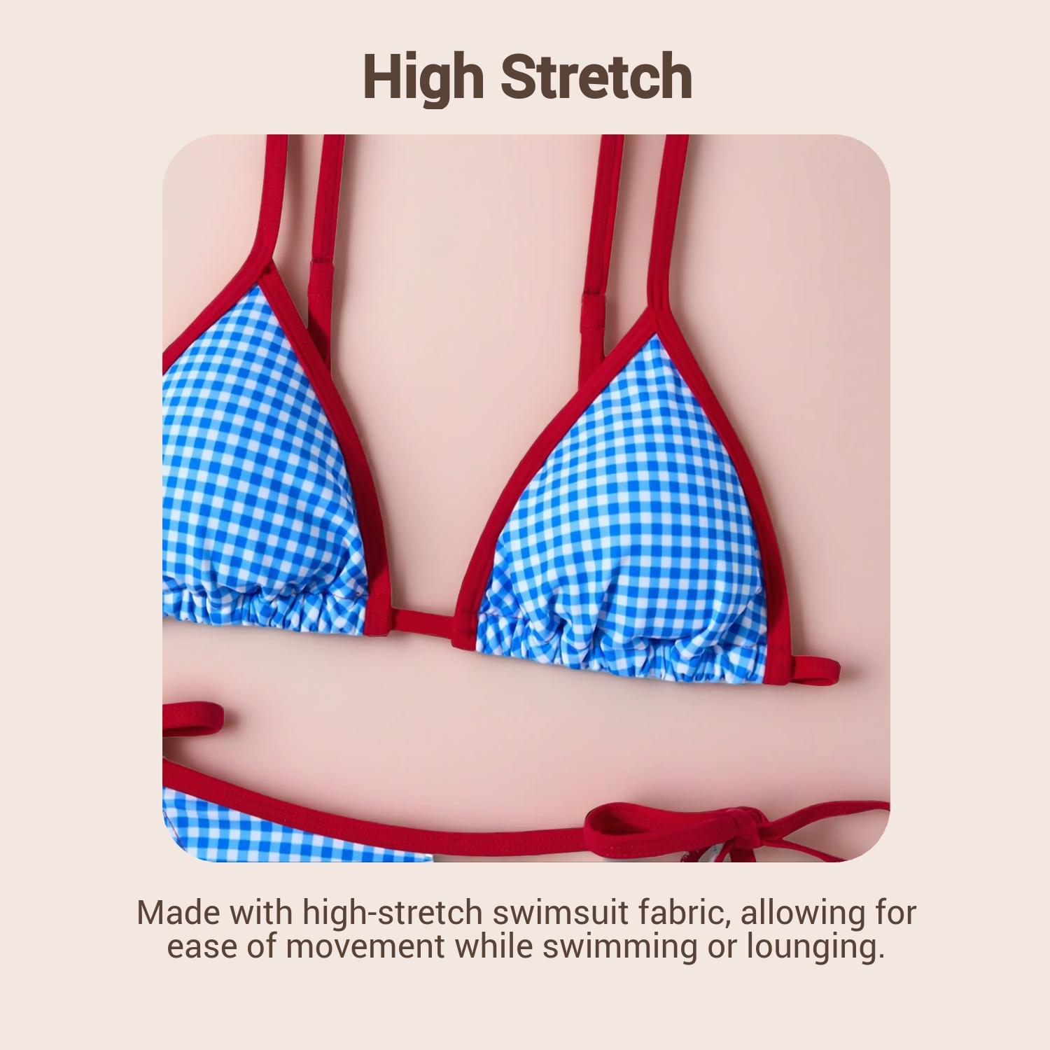 New Blue Plaid Print Bikini Set, and Blue Sexy Swimsuit, Cute Fitted Design, Drawstring Waist, Summer Beachwear