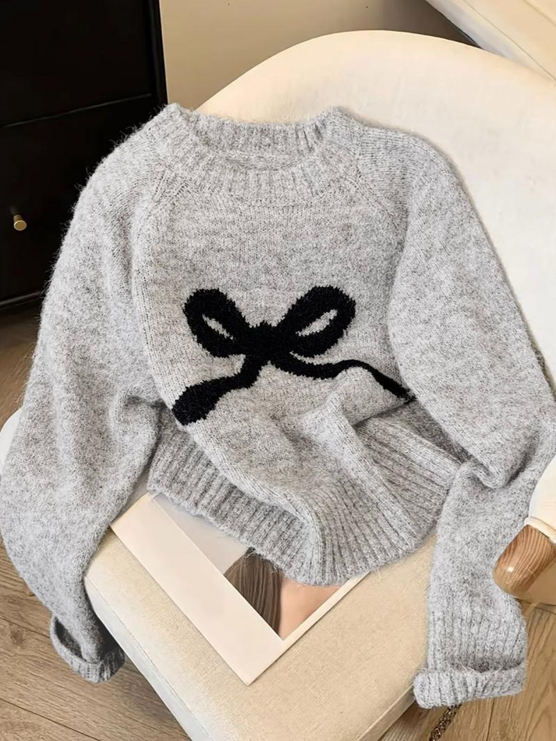Elegant Women's Loose Bow Embroidered Moire Sweater, Casual Round Neck Long Sleeve Knitwear, Spring & Fall Fashion