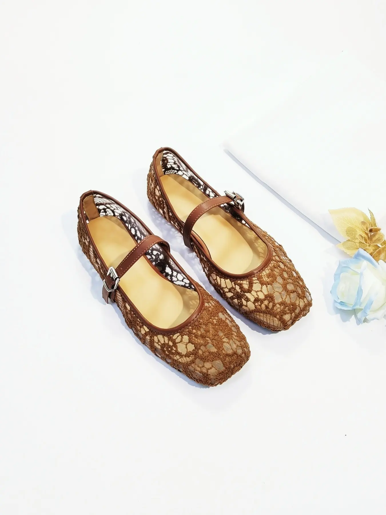 Women's Mary Jane Ballet Flat Shoes, French Vintage Style, Square Toe, Mesh Cut Out Embroidery, Comfortable, Casual, Everyday Wear, Breathable Flats