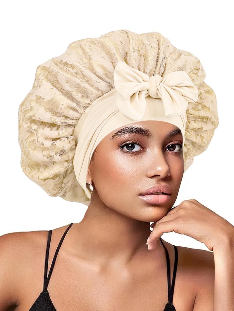 Women's Bonnet Pure Color Lace Design, Hollow Out Pattern, Double Layer Satin Sleep Cap, Non-Slip Hair Care Hat for All Hairstyles