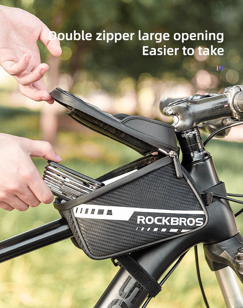 ROCKBROS Bike Phone Front Frame Bag Top Tube Bike Bag Bicycle Handlebar Bag Cell Phone Holder Mount Bag Cycling Accessories Storage Pouch for Phone 15 16  Pro  Max  Below 7.2”