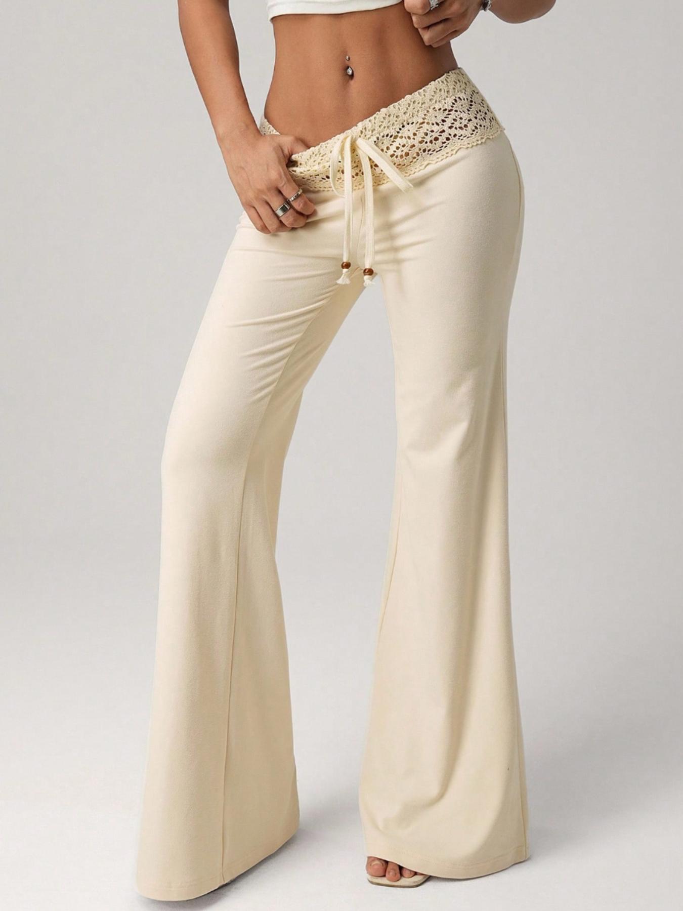 Women's Lace Patchwork Elastic Waist Flare Leg Casual Pants, High Waisted Comfortable Trousers, Fashionable Ladies' Clothing