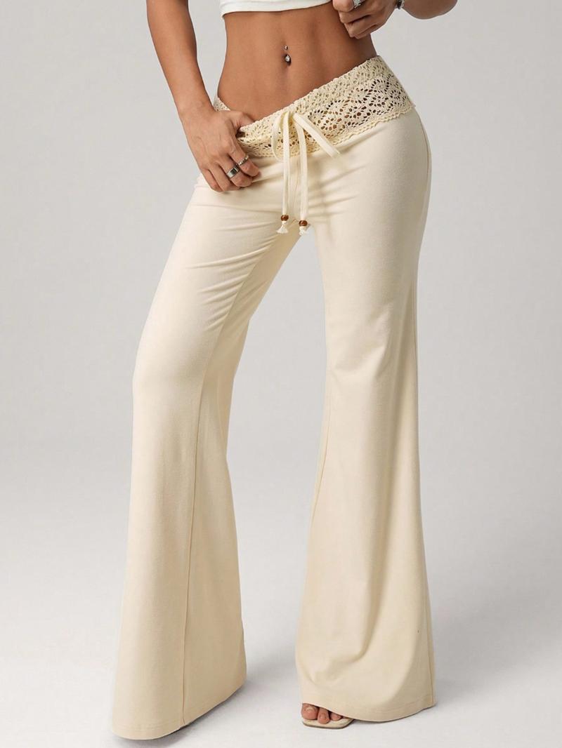Women's Lace Patchwork Elastic Waist Flare Leg Casual Pants, High Waisted Comfortable Trousers, Fashionable Ladies' Clothing