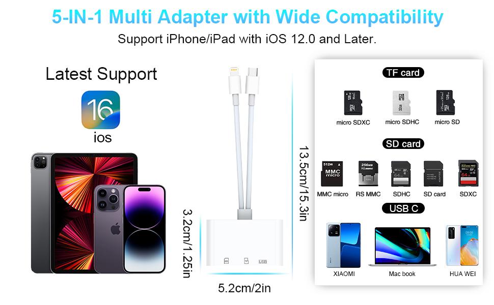 Memory Card Reader, 5-in-1 USB C Lightning to SD/TF/USB OTG Adapter for Micro SD/SDHC/SDXC/MMC, Compatible with MacBook Pro/Air, Chromebook, iPhone 15/14/13/12/11 Pro/Pro Max, Android Galaxy, Plug & Play Portable