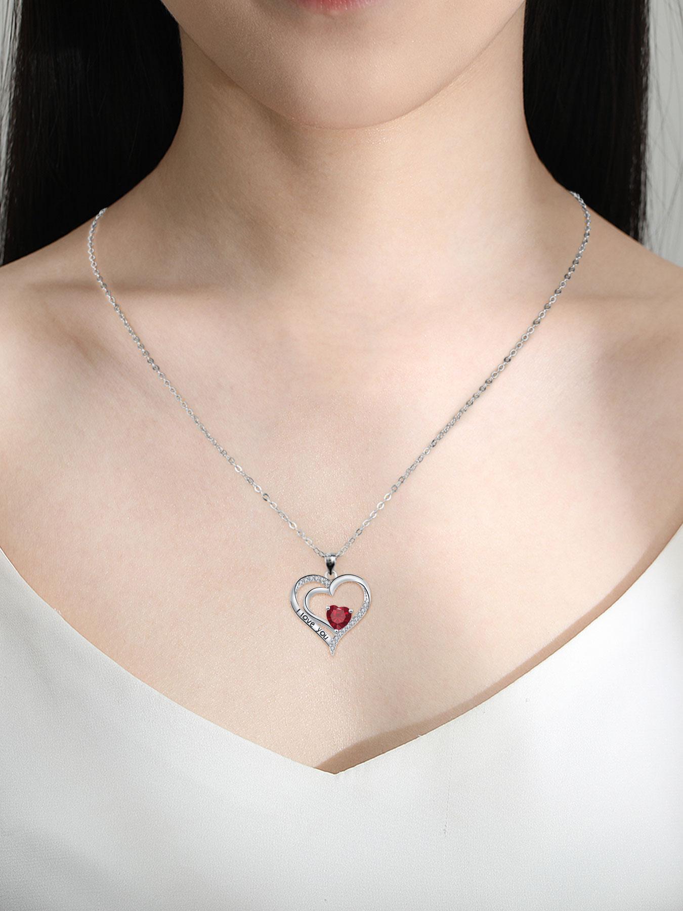 Heart Shaped Cz Birthstone Necklace, I Love You Pendant, Mos Bear Rose Jewelry Gift Box, Girlfriend Birthday Anniversary Present, Exquisite Jewelry Gift