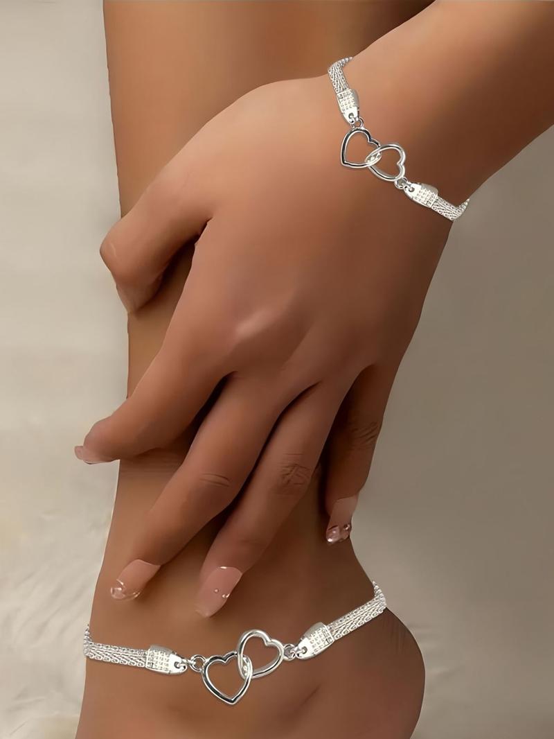 Vintage Heart Linked Bracelet Anklet Set, Creative Fashion Simple Versatile Jewelry for Women, Daily Party Personalized Accessories