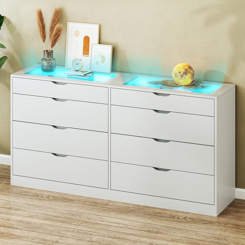 8 Drawer Dresser for Bedroom, White Dresser for Bedroom with LED, 55.1''W Chest of Drawers with Glass Top, Modern Double Wide Drawer Large Dresser for Bedroom, Living Room, Entryway