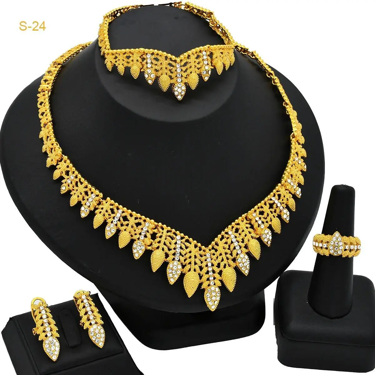 African Dubai Crystal Gold Color Jewelry Set For Women Wedding Bridal Dubai Necklace And Earrings Set France Party Gifts