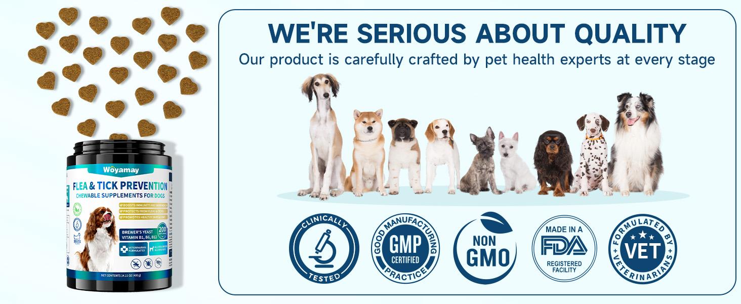 Woyamay Flea & Tick Prevention for Dogs, 200 Ct Chewables Support Skin&Coat Health with Fish oil, Omega-3, Multivitamin, Natural Dog Flea and Tick Chews for All Breeds & Sizes, Chicken Flavor