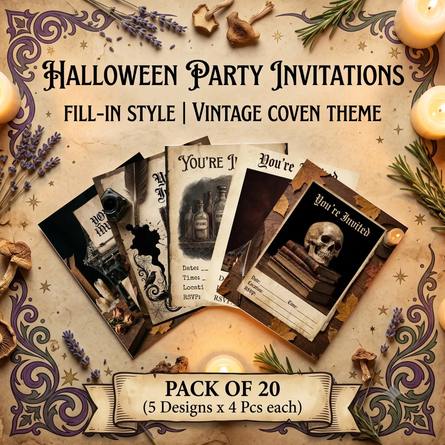 Dark Academia Halloween Party Invitations Set, 20 Pack 5x7 Inch Fill-In Cards with Envelopes, Perfect for Themed Parties and Events