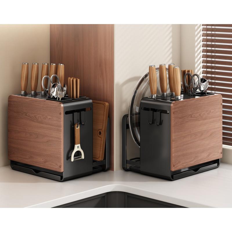 1pc New Vintage Chinese Style Wooden Knife Block - Countertop All-in-One Organizer for Knives, Cutting Boards & Chopsticks! Sturdy Solid Wood Holder, Space-Saving Design, Stylish Kitchen Storage Rack for Home Use