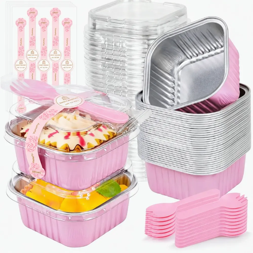 5oz Pink Disposable Recyclable Aluminum Foil 2.4in×2.4in Square Mini Baking Pans Set (25pcs), Durable with Smooth Inner Surface, Lids, Sporks & Decorative Stickers, Portable Single-Serve Holders for Afternoon Tea, Potluck Events