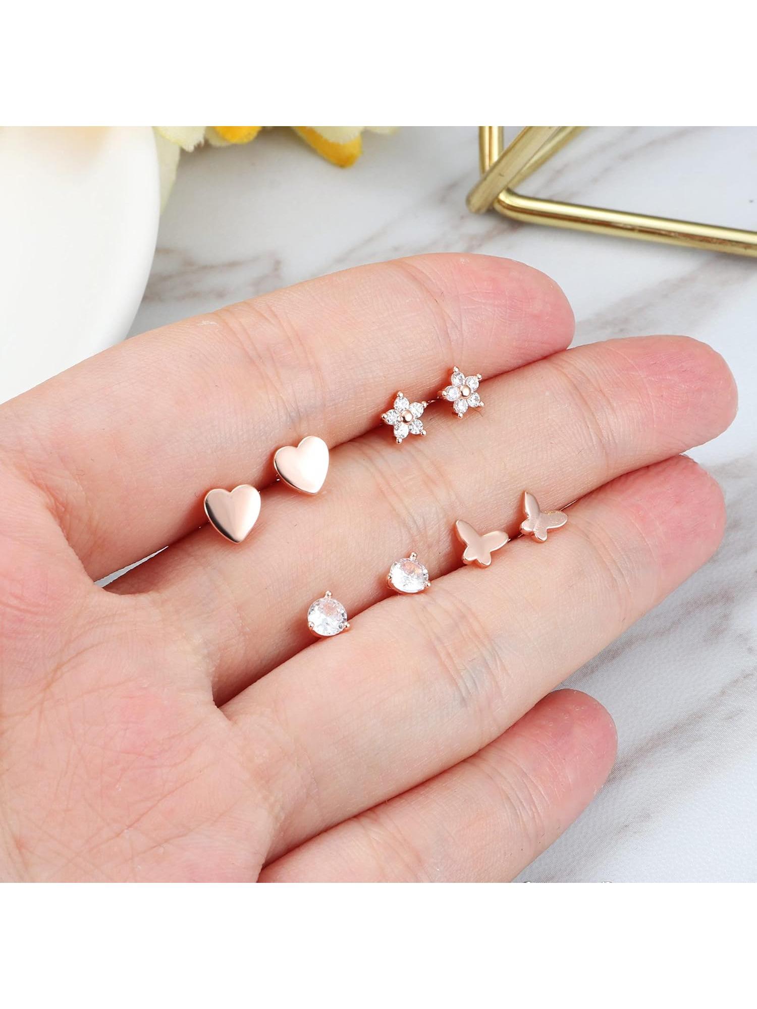 4 Pairs Silvery Stud Earrings Set for Women Heart CZ Butterfly Flower Stud Earrings Hypoallergenic Cubic Zirconia Cartilage Earrings Set