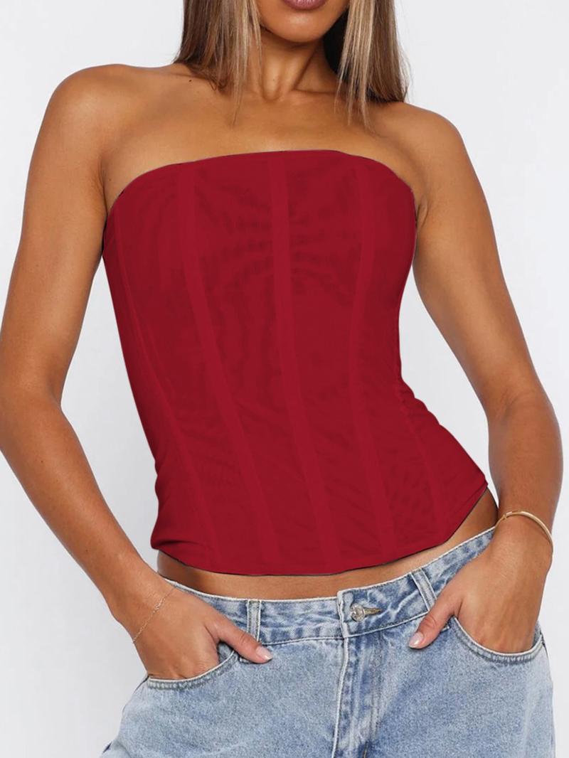 Women's Fishbone Corset Structure Crop Cami Top Solid Tube Top for Daily Wear Mesh Corset Top