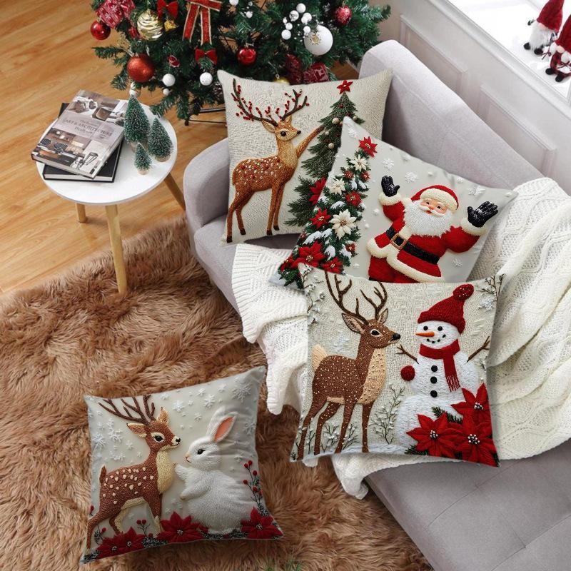 Christmas Decorative Pillowcase, Santa and Reindeer Print, Flat Design, No Embroidery, for Sofa, Bed, Home Décor, Christmas Gift