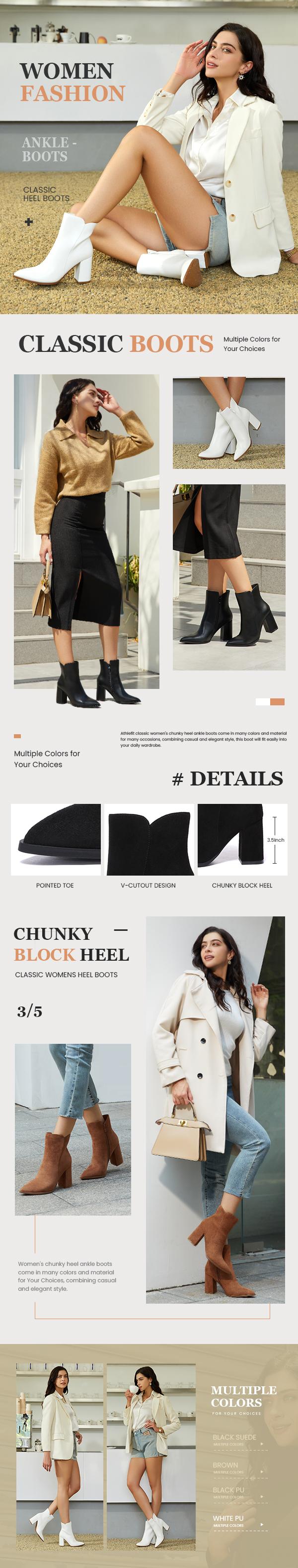 Athlefit Women's Heeled Ankle Boots Fashion Pointed Toe Chunky Block Heel Side Zipper Short Booties Shoes Footwear Springtok Bota