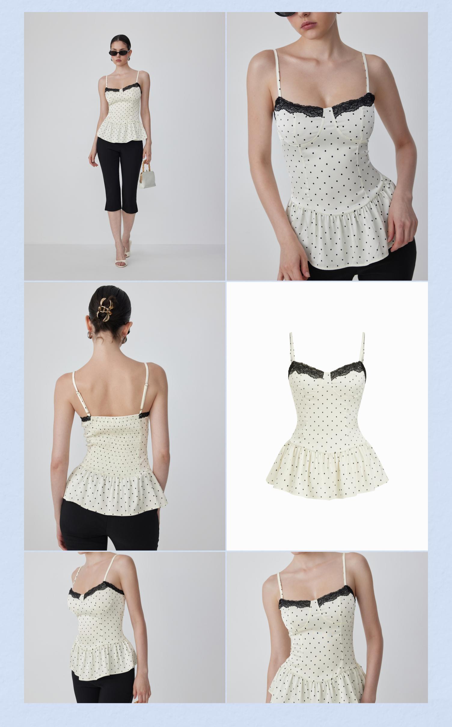 Cider Satin Polka Dot Sweetheart Lace Trim Peplum Hem Cami Blouse