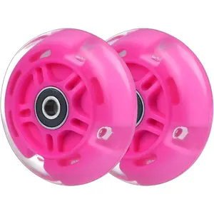 2-Pack Rear 80mm Colorful Flashing 3-Wheeled Kid Scooter Replacement Wheels for Kid Push Kick Scooter (Pink)