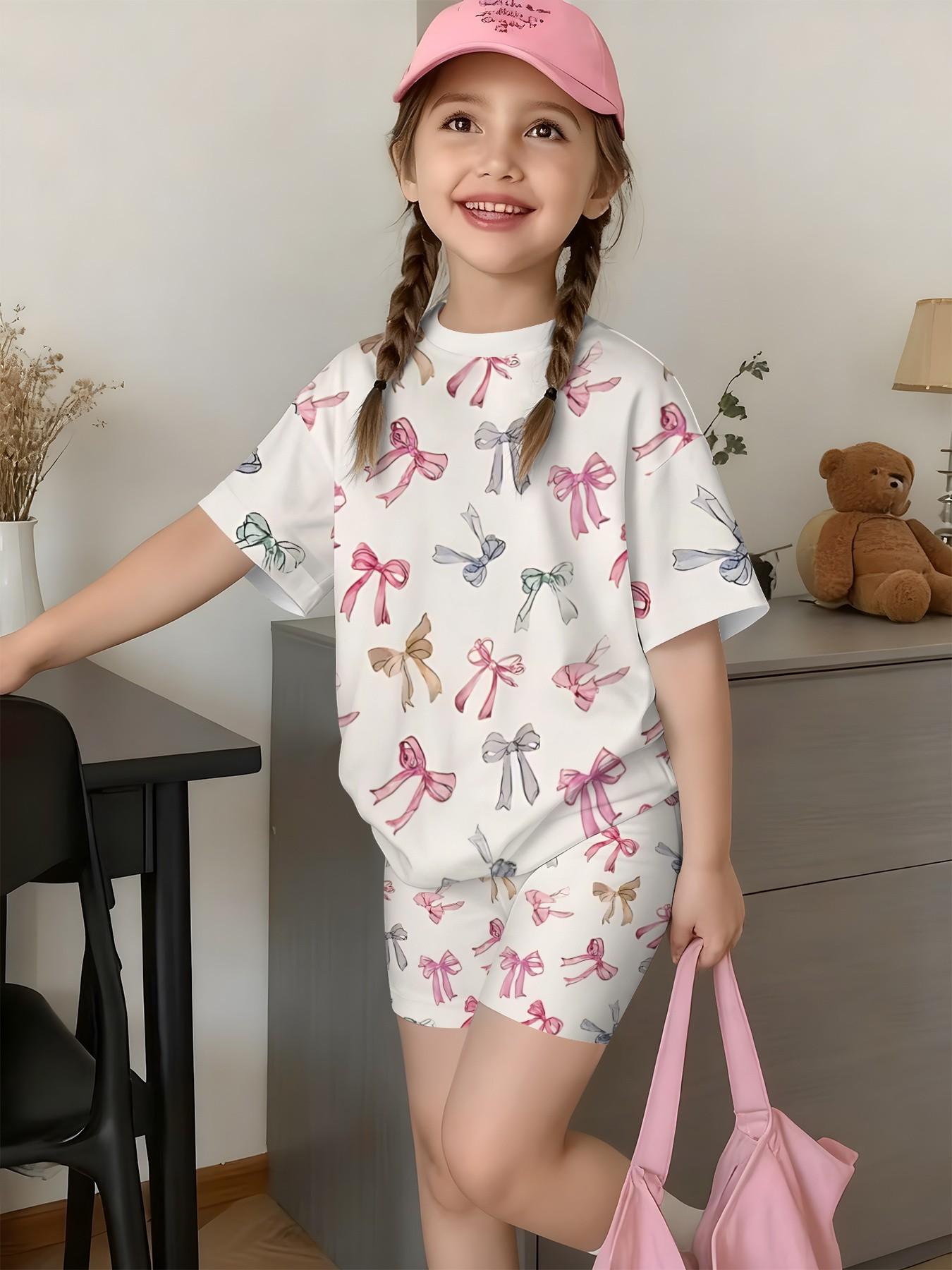 Girls' Cartoon Print Short Sleeve T-Shirt and Pants Set, Casual Streetwear, Comfortable Daily Wear, Perfect Gift for Kids, Outdoor Fashion