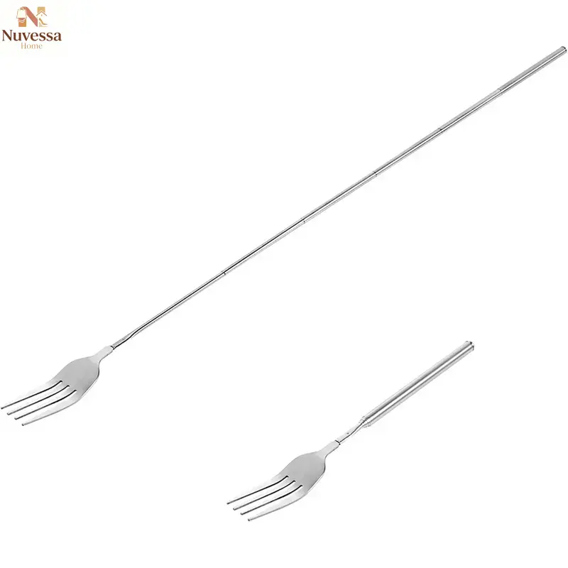 NUVES Extendable Fork, 8.7 to 25.4 Inch Long Handle Fork, Extra Long Fork, Telescopic BBQ Fork, Extendable Spoon,Stainless Steel Dinner Fork, Fruit Dessert Fork Long Handle Cutlery Stainless Steel Tableware1pcs