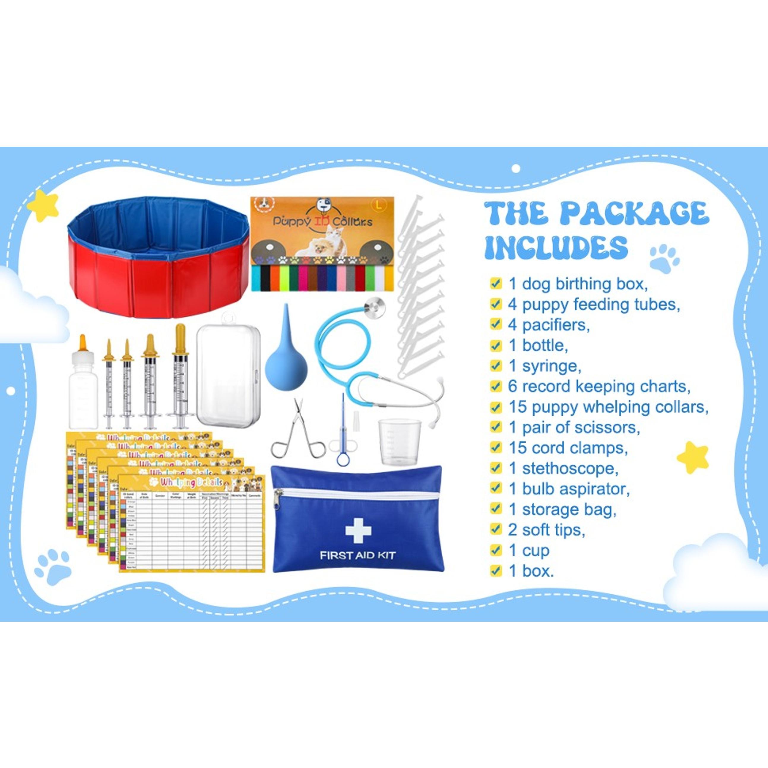 57-Pcs Functional Puppy Whelping Kit with Foldable Base, Includes Feeding Tube (40 in Diameter), Syringes & Tube Feeding Accessories for Newborn Puppies Birth & Bottle Feeding Supplies, Functional Kit