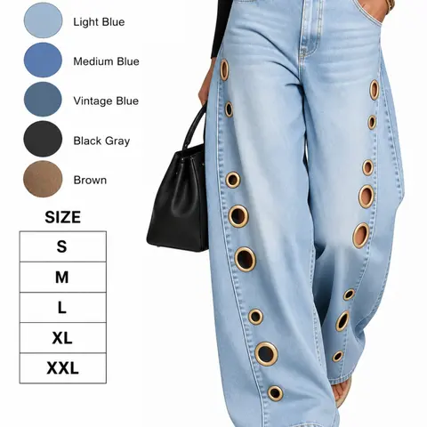2026 Spring Summer all season New Metal Asymmetrical Eyelet Women's Solid Color Vintage Loose Jeans