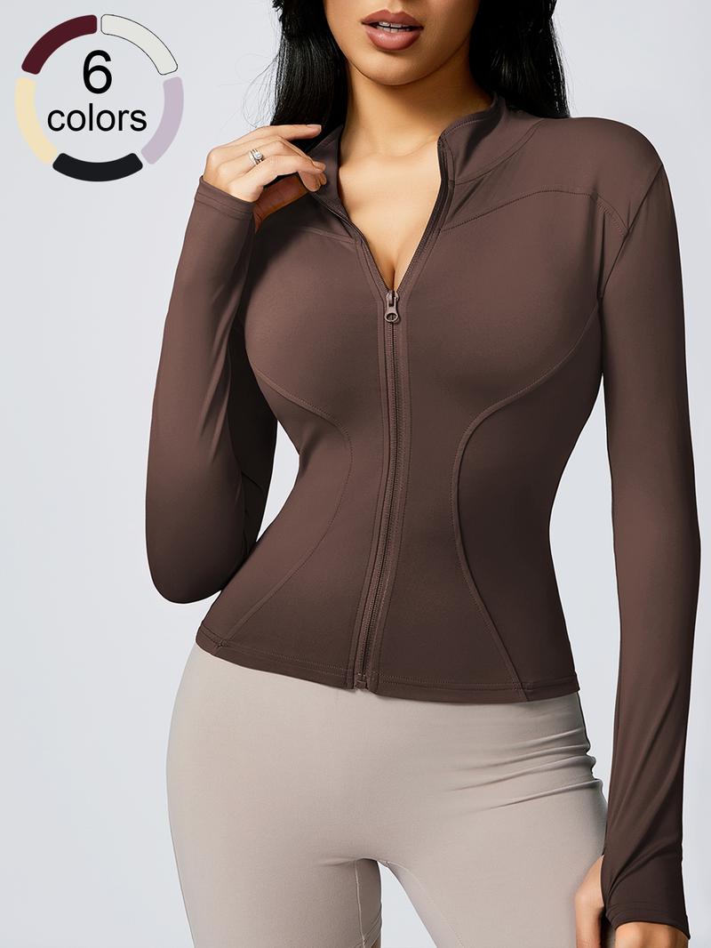 Women's Fashion Stand Collar Sport Jacket, Slim-Fit Long Sleeve Training Top, Thumb Hole Design, Breathable Gym Workout, Stylish Casual Sportswear