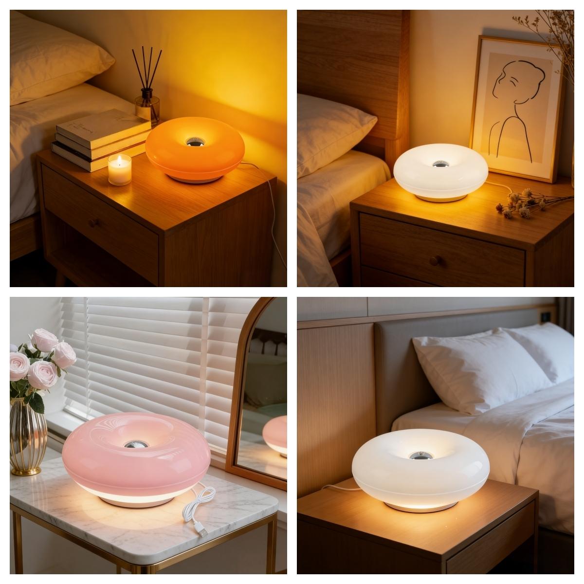 Modern Donut Table Light, LED Bedside Desk Light, USB Rechargeable Touch Switch, Three-Tone Dimming Ambiance, Durable Plastic Shade